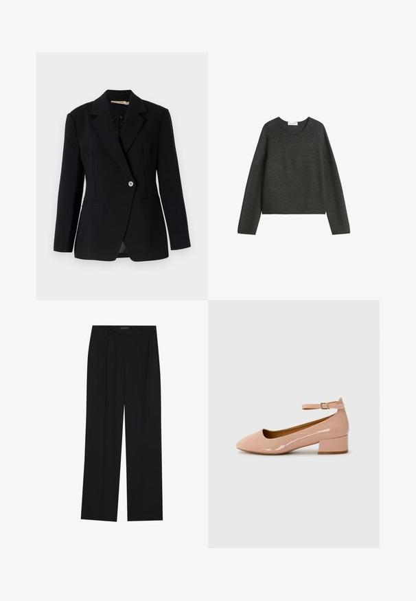 Blazer preto com lapelas recortadas, fecho de um botão, dois bolsos frontais e textura suave. Ajuste ajustado com mangas longas.; Sweater cinza-escuro feito de tecido de malha, com decote redondo e mangas longas com um design cropped. Acabamento simples e sem costuras.; Calças pretas com um design de perna reta, apresentando dois bolsos frontais e um cós. Feitas de um tecido leve e suave.; Sandalha plana em verniz rosa com bico arredondado, tiras no tornozelo e um salto baixo em bloco. Textura suave e design minimalista.
