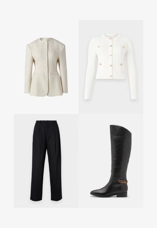 Crème-kleurige blazer van textuurstof met een hoge halslijn, sluiting met vijf knopen aan de voorkant en twee zijzakken. Getailleerde silhouette.; Witte geribde cardigan met lange mouwen, een ronde halslijn, zes gouden knopen en twee voorkvastzakken met klepdetails.; Gebreide witte top met korte mouwen en een subtiel patroon, met een ronde halslijn en een gouden accent aan de zoom. De stof lijkt lichtgewicht en ademend.; Zwarte broek met een getailleerd ontwerp, met een hoge taille, plooien en een rechte pijp. Gemaakt van een gladde stof in een effen kleur.; Hoge zwarte leren laarzen met een slank ontwerp, spitse neus en een gouden kettingaccent bij de enkel. Lage blokhak. Glad textuur.