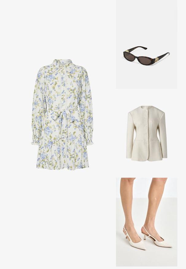 Kremowa marynarka z teksturowanej tkaniny, z wysokim dekoltem, pięcioma guzikami z przodu i dwoma bocznymi kieszeniami. Dopasowany krój.; Kwiatowa sukienka w bieli z niebieskimi i zielonymi kwiatami, z kołnierzykiem, zapinana na guziki z przodu, z długimi rękawami z elastycznymi mankietami i paskiem w talii.; Beżowe lakierowane szpilki z odkrytą piętą, zakończone spiczastym noskiem i 5 cm obcasem, z wyciętymi bokami oraz cienkim paskiem na kostce.; Słoneczne okulary w kolorze żółwi z wydłużonymi owalnymi soczewkami, brązowym odcieniem, złotymi akcentami logo na zausznikach oraz smukłymi czarnymi ramionami.; Beżowa torebka w wzory o zakrzywionym kształcie, z skórzanymi akcentami i złotym logo z przodu. Posiada krótki uchwyt, co ułatwia noszenie.
