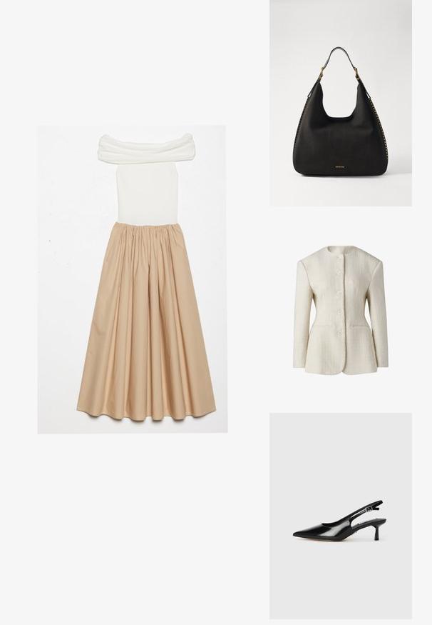 Krēmkrāsas džersijs ar teksturētu audumu, augstu apkakli, piecu pogu priekšpusi un divām sānu kabatām. Piemērots siluets.; Kleita ar atklātiem pleciem, kas piedāvā pieguļošu balto ribotu augšdaļu un plūstošu beigu svārku, savāktus jostasvietā, lai radītu apjomīgu siluetu.; Melnas lakotu ādas kurpes ar atvērtu papēdi, ar smailu purngali, plānu papēdi un regulējamu sprādzi. Gluda tekstūra ar minimālu apdari.; MICHAEL Michael Kors NOLITA HOBO  - Rokassoma - black