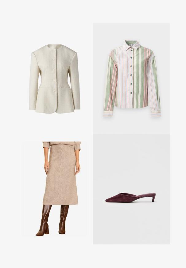 Cremefarvet blazer i struktureret stof med høj hals, femknaps lukning fortil og to sidelommer. Tætsiddende silhuet.; Stribet skjorte i grøn, hvid og pink. Har en krave, lange ærmer og en buet kant med kontrastfarvede cuff og knapper.; En kvinde viser en beige strikket sweater og en matchende midi-nederdel, parret med stilige brune knæhøje støvler, mens hun står selvsikkert.; Bordeaux mules lavet af blødt ruskind, med spidse tæer, åben bag og en slank, lav hæl for en elegant silhuet.