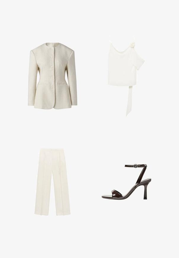Cream-colored blazer in textured fabric with a high neckline, five-button front closure, and two side pockets. Fitted silhouette.; White blouse with a one-shoulder design, featuring a floral accent on one side and a long, tied panel at the waist. Smooth texture.; Wide-legged trousers in a light cream color. Made from a smooth fabric with pleats at the front and side pockets.; Brown patent leather high-heeled sandal with an ankle strap, open toe, and a sleek, minimalist design. Features a square heel.