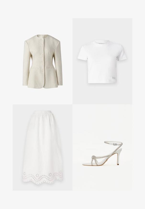 Blazer v kremni barvi iz teksturiranega materiala z visokim ovratnikom, zapiranjem na pet gumbov in dvema stranskima žepoma. Prilegajoča se silhueta.; Bela skrajšana majica iz gladkega bombaža, z visokim ovratnikom in kratkimi rokavi. Majhen vezen logotip v spodnjem kotu.; Bela lanena krila z elastiko v pasu, s čipkastim robom okrašena z vezenimi cvetličnimi in listnimi vzorci.; Bela visokoelegantna sandala z teksturiranim trakami, ki vsebujejo rhinestone, odprto okroglo špico in zanko za gleženj z nastavljivim zaponko.