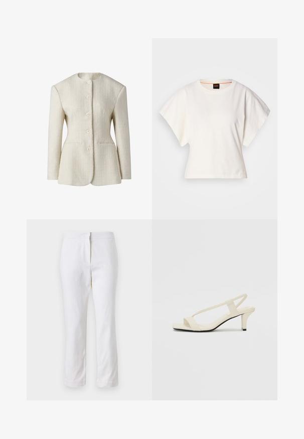 Béžový blejzer z textúrovaného materiálu s vysokým výstrihom, predným zapínaním na päť gombíkov a dvoma postrannými vreckami. Fitted silueta.; Biely skrátený tričko, krátke široké rukávy, mäkký bavlnený materiál, okrúhly výstrih s jemným oranžovým lemovaním, minimalistický dizajn, bez vzorov alebo grafiky.; Biele bavlnené nohavice so striedmym strihom, s pásom strednej výšky a bez viditeľných kovových prvkov alebo vzorov. Hladká textúra po celom obvode.; Béžové sandále na blokovom podpätku s tenkými pásikmi a štvorcovou špičkou. Hladký materiál s minimálnym detailovaním, navrhnuté pre ľahké nosenie.