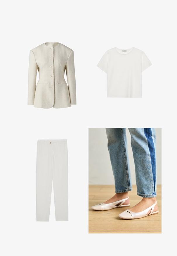 Cremefarvet blazer i struktureret stof med høj hals, femknaps lukning fortil og to sidelommer. Tætsiddende silhuet.; Hvid kortærmet T-shirt lavet af blødt bomuld. Har en rund halsudskæring og en afslappet pasform. Rent design uden synlige mønstre eller accenter.; Hvide, skrædderlavede bukser med lige ben design, udstyret med knaplukning, bæltesløjfer og sidelommer; glat stoftekstur.; Lyserøde slingback flade sko med spidse tær, lavet af et glat læderlignende materiale. Har udskæringsdetaljer på siderne og en flad hæl.