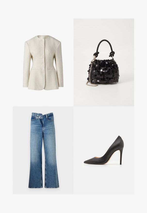 Blazer color crema in tessuto testurizzato con colletto alto, chiusura anteriore a cinque bottoni e due tasche laterali. Silhouette aderente.; T-shirt in cotone con righe orizzontali blu navy su sfondo bianco. "Tommy Hilfiger" ricamato in corsivo sul petto. Collo a giro.; Jeans a zampa d'elefante in denim blu chiaro con vita alta, dotati di due bottoni e tasche frontali. Il tessuto ha una texture sbiadita con variazioni sottili.; Décolleté nera in pelle con tacco alto, punteggiato e dalla texture liscia, caratterizzata da un tacco sottile e un design minimalista.; Mini borsa a tracolla nera in paillettes con una tracolla texturizzata annodata e catena argentata. Forma rotonda con parte superiore arricciata e dettagli riflettenti.