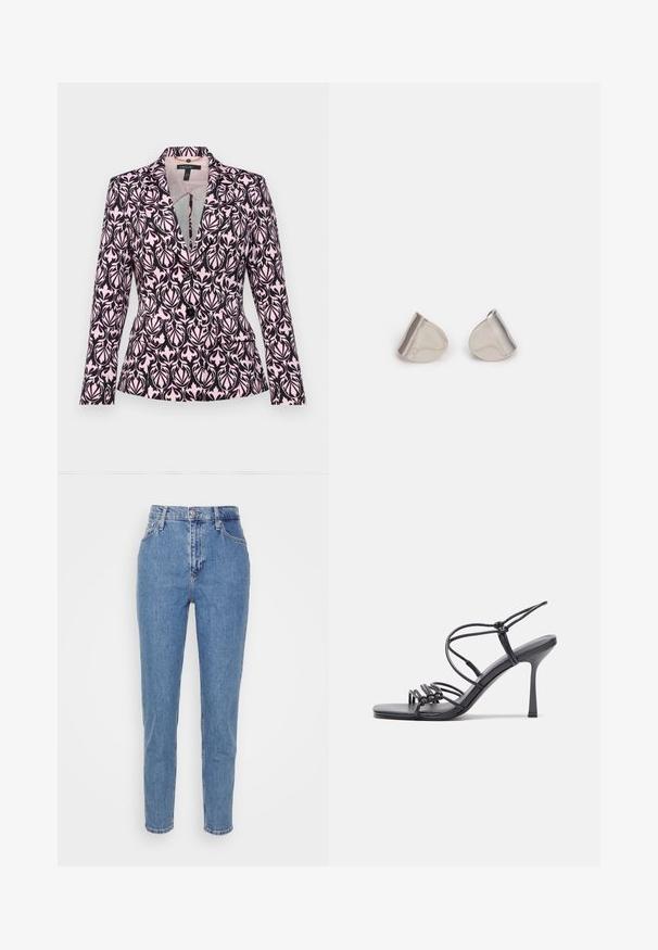 Blazer mit einem dunkel lila und hell rosa Blattmuster, ausgestattet mit einem Reverskragen, zwei Fronttaschen und einer taillierten Silhouette.; Weißes Baumwoll-T-Shirt mit kurzen Ärmeln, rundem Ausschnitt, lockerer Passform und ohne sichtbare Muster oder Grafiken. Glatte Textur und einfaches Design.; Blaue hochtaillierte gerade Jeans mit verdecktem Knopf und Reißverschluss, Gürtelschlaufen und Taschen, vor einem schlichten weißen Hintergrund präsentiert.; Schwarze, hochhackige Sandalen mit dünnen Riemen und einem geknoteten Design, einer glatten, rechteckigen Zehenpartie und einem eleganten Stiletto-Absatz.; Silberne Metalohrringe mit einer glatten, tröpfchenförmigen Form und einer polierten Oberfläche. Subtile Gravuren fügen Details hinzu. Minimalistisches Design.