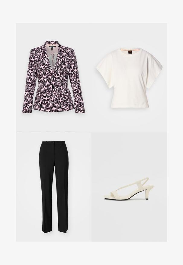 Blazer with a dark purple and pale pink leaf pattern, featuring a notch lapel, two front pockets, and a fitted silhouette.; White cropped T-shirt, short wide sleeves, soft cotton material, round neckline with subtle orange trim, minimal design, no patterns or graphics.; Black tailored trousers with a straight-leg design, featuring a smooth texture and crisp creases along the front. No visible hardware.; Beige block-heeled sandals with thin straps and a square toe. Smooth material with minimal detailing, designed for easy wear.
