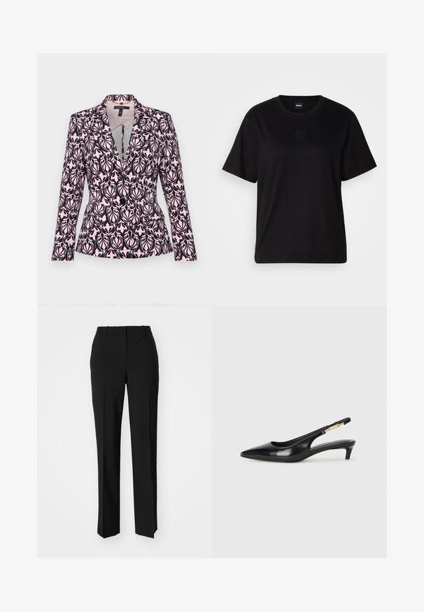 Blazer mit einem dunkel lila und hell rosa Blattmuster, ausgestattet mit einem Reverskragen, zwei Fronttaschen und einer taillierten Silhouette.; Schwarzes Baumwoll-T-Shirt mit Rundhalsausschnitt, kurzen Ärmeln und aufgesticktem Logo auf der Brust. Einfacher, lässiger Schnitt ohne Muster.; Schwarze, taillierte Hose mit geradem Bein, aus einem glatten Stoff und mit klaren Falten an der Vorderseite. Keine sichtbare Hardware.; Schwarze Leder-Slingback-Pumps mit spitzem Schuhblatt, ausgestattet mit einem schlanken Absatz und einem goldfarbigen Akzent am verstellbaren Riemen. Glatte Textur.