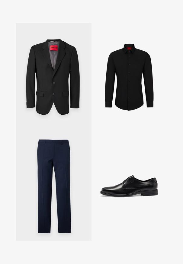 Blazer noir sur mesure en tissu structuré. Présente des revers à cran, deux poches avant et une fermeture à bouton simple.; Chemise noire à manches longues avec un devant boutonné, col classique et ourlet arrondi ; comporte des boutons noirs et un logo rouge à l'intérieur du col.; Pantalons bleu marine à coupe ajustée, présentant une texture lisse, des plis marqués et un design à plat. Fermeture zippée dissimulée.; Chaussure habillée en cuir noir avec une finition lisse, un design à lacets, un bout arrondi et des détails de couture subtils. Elle se distingue par sa semelle en caoutchouc noire.