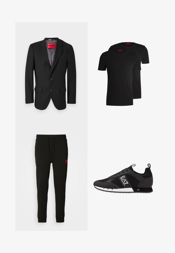 Black tailored blazer made from structured fabric. Features notched lapels, two front pockets, and a single-breasted button closure.; Two black cotton t-shirts with short sleeves and crew necks. Both feature a red brand label at the neckline. Simple, classic design.; Black sweatpants made of soft fabric, featuring a drawstring waist, slim fit, and a red logo patch on the left thigh.; EA7 Emporio Armani LACES UNISEX - Trainers - black/white