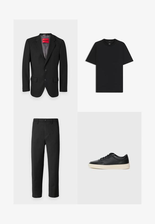 Blazer nero su misura realizzato in tessuto strutturato. Presenta rever a punte, due tasche frontali e chiusura con bottone a un solo petto.; Maglietta nera a maniche corte realizzata in un morbido misto cotone, con scollatura a girocollo e un design minimalista senza motivi o dettagli.; Pantaloni neri a gamba dritta, realizzati in tessuto liscio. Presentano una chiusura con bottone e passanti per cintura. Nessun motivo o dettaglio visibile.; Sneaker in pelle nera a basso profilo con lacci neri e suola avorio, mostrato di profilo su sfondo bianco.