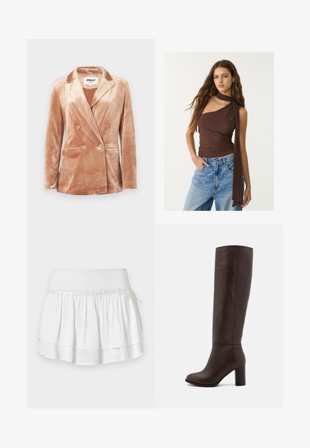 Beige velvet double-breasted blazer with notch lapels, four buttons on front, two side pockets, and smooth lining inside.; Brown, sleeveless top with a draped neckline and long tie. Features a fitted silhouette, soft texture, and gathered design, paired with blue jeans.; White tiered skirt with an elastic waistband, featuring a textured smocking detail and a decorative ribbon accent. Cotton fabric.; Brown leather knee-high boot with a block heel, smooth texture, rounded toe, and minimal stitching details.