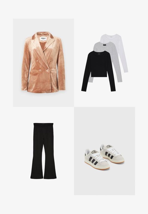 Blazer beige en velours à double boutonnage avec des revers crantés, quatre boutons à l'avant, deux poches latérales et une doublure lisse à l'intérieur.; Trois hauts à manches longues empilés : noir, gris et blanc. Chacun a un col rond et un design court avec un tissu lisse et léger.; Leggings évasés noirs en tissu extensible. Présentent une taille large et une texture lisse, avec une coupe ajustée qui s'évasent au bas.; Baskets en suède gris avec des lacets blancs, des rayures noires et une semelle en caoutchouc blanc. Présentent un logo circulaire sur la languette et une semelle en gomme.