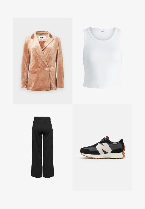 Bež baršunasti sako s dvostrukim kopčanjem, reverima srezanim u obliku slova V, četiri dugmeta sprijeda, dva bočna džepa i glatku podstavu unutra.; Bijela rebrasta majica bez rukava s okruglim izrezom i skraćenom dužinom. Na etiketi piše "JJXX." Glatka tekstura tkanine.; Crne hlače širokih nogavica s elastičnom waistbandom, izrađene od glatkog materijala. Imaju jednostavan dizajn bez džepova ili vidljivih šavova.; Crne i sive suede tenisice s velikim kremastim logom "N", ljubičastim pertlama i teksturiranim gumiranim potplatom.