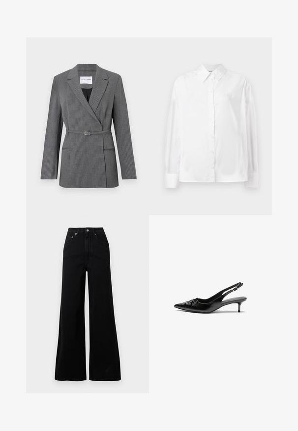 Grijs pinstriped blazer met een getailleerde pasvorm, notch revers, sluiting met één knop en een ceintuur in de taille. Voorzien van twee voorzakken.; Witte langemouwige button-up shirt in een gladde katoenmix. Voorzien van een klassieke kraag, een knoopsluiting aan de voorkant en afgeronde manchetten.; Zwarte jeans met wijde pijpen van denim, voorzien van een hoge taille, vijf zakken, een knoopsluiting aan de voorkant en minimale stikseldetails.; Zwarte leren slingback hakken met een spitse neus, kleine kittenhak en een decoratieve knoopdetail aan de voorkant. Smooth textuur overal.