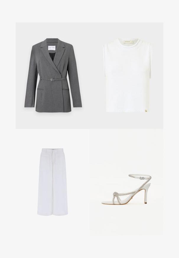 Sivi prugasti sako s prilagođenim krojem, reverima, zatvaranjem na jedan gumb i pojasom u struku. Ima dva prednja džepa.; Bijela bezrukavna pletena majica s okruglim izrezom, rebrastim rubom i detaljima šivanja s strane; sadrži malu oznaku s brandom na dnu.; Bijele hlače širokih nogavica s glatkom teksturom, sadrže dva prednja džepa i dugme za zatvaranje, dizajnirane za opušteni kroj.; Bijela sandala s visokom petom i teksturiranim remenom ukrašenim rhinestones, otvorenog prsta, s remenom oko gležnja i podesivom kopčom.
