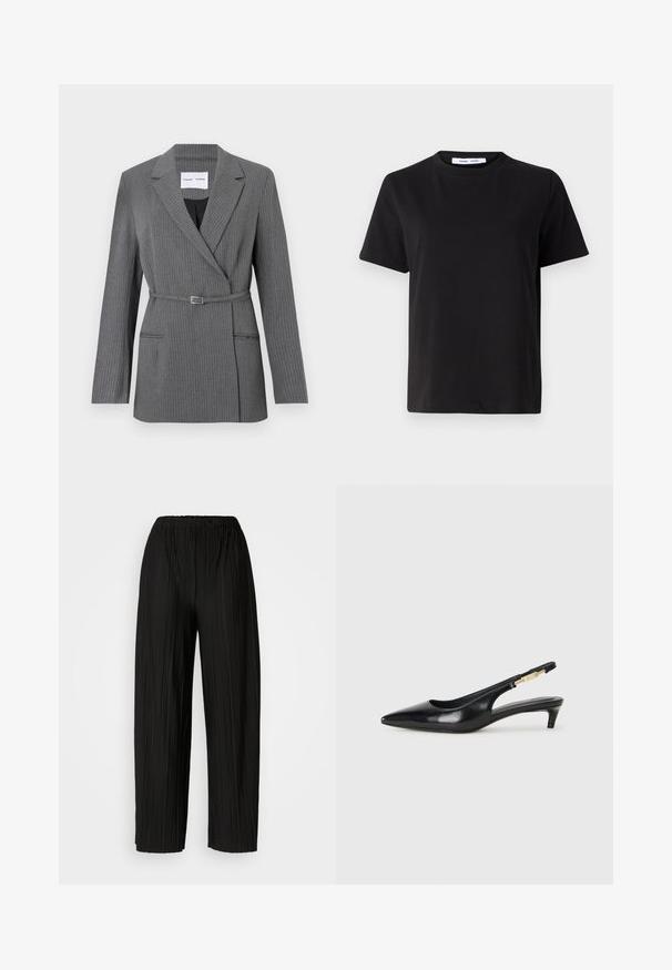 Pilkas dryžuotas bleiseris su pritaikytu siluetu, notch tipo atlapais, vieno mygtuko uždarymu ir diržo juosmenyje. Yra du priekiniai kišenės.; Juodas trumpas rankovės marškinėliai, pagaminti iš minkštos medvilnės, su apvaliu iškirpimu, laisvu pritaikymu ir lygiu paviršiumi. Nėra matomų raštų ar grafikos.; Juodos plisuotos plačios kojos kelnės su elastine juostos. Medžiaga pasižymi vertikaliomis plokštelėmis ir lygiu paviršiumi.; Juodas odinis pavasario batelių modelis su smailiu nosiu, turintis siaurą kulniuką ir auksinės spalvos akcentu reguliuojamoje juostoje. Lygi tekstūra.