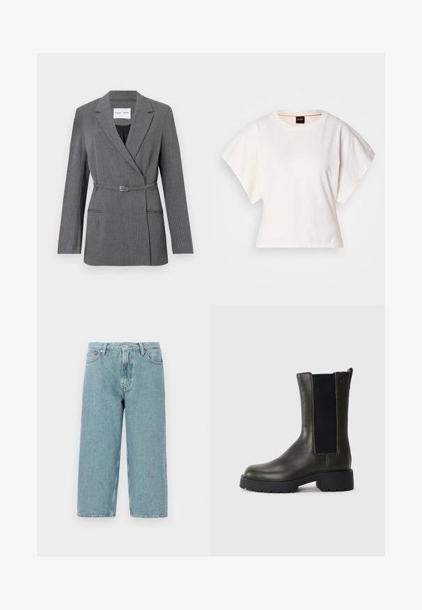 Szary blezer w prążki o dopasowanym kroju, z klapkami, z jednolitym zapięciem na guzik oraz paskiem w talii. Posiada dwie przednie kieszenie.; Biała, krótka koszulka z szerokimi rękawami, wykonana z miękkiej bawełny, okrągły dekolt z delikatnym pomarańczowym wykończeniem, minimalistyczny design, bez wzorów i grafik.; Jasnoniebieskie szorty dżinsowe z wysokim stanem, prostym krojem i surowym wykończeniem. Posiadają klasyczne zapięcie na guzik i zamek błyskawiczny oraz cztery kieszenie.; Zielone skórzane botki za kostkę z elastycznymi panelami bocznymi, zaokrąglonym noskiem i gumową podeszwą. Posiadają teksturowane wykończenie oraz słupek.
