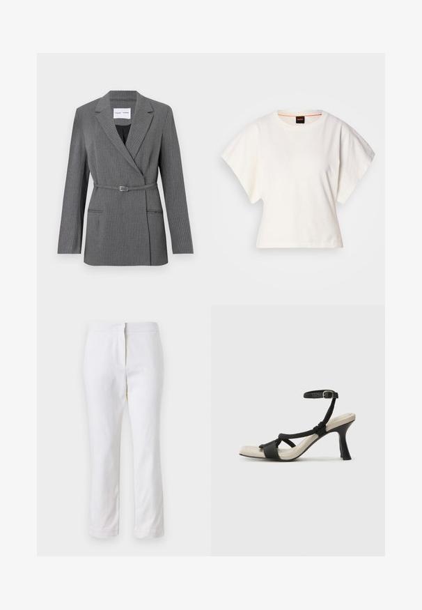 Blazer gris à rayures avec une coupe ajustée, revers crantés, fermeture à un bouton et taille ceinturée. Comprend deux poches avant.; T-shirt blanc cintré, manches courtes et larges, en coton doux, décolleté rond avec une discrète bordure orange, design minimaliste, sans motifs ni graphiques.; Pantalons en coton blancs avec une coupe droite, dotés d'une taille mi-haute et sans matériel ou motifs visibles. Texture lisse sur l'ensemble.; Sandale à talon noir avec un design de brides tressées, bout carré et bride de cheville réglable. Semelle intérieure beige claire avec un talon noir brillant.
