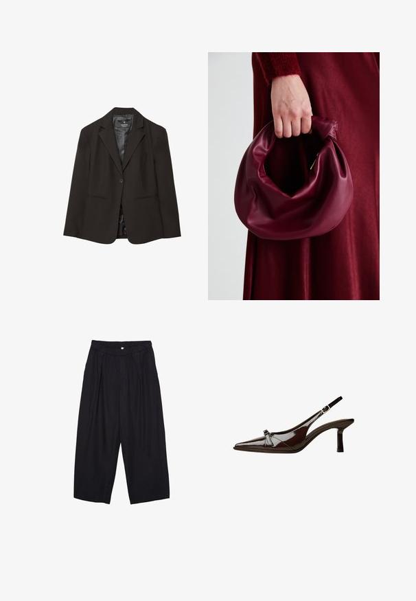 Musta bleiseri yksinkertaisella napilla, lovitetut läpät, kaksi etutaskua ja sileä sisävuori. Kangas näyttää rakenteelliselta ja ammattimaiselta.; Mustat lyhythihaiset t-paidat, jotka on valmistettu pehmeästä kankaasta. Contains classic pyöreä kaula-aukko ja rento istuvuus. Ei näkyviä kuvioita tai yksityiskohtia.; Musta polyesterinen culotte-housut, jossa on joustava vyötärö, kaksi etupleettiä ja löysä siluetti. Ei näkyviä kuvioita tai metallisia yksityiskohtia.; Ruske patenttimuoviset slingback-kengät, joissa on terävä kärki, matala korko ja koristeellinen kaarroke etuosassa. Sileä, kiiltävä pinta.; Burgundy-nahkakäsilaukku, jossa on pehmeä, ryppyinen muotoilu ja pyöreä muoto. Kahva on kiinnitetty tukevasti, ja siinä on sileä pinta.