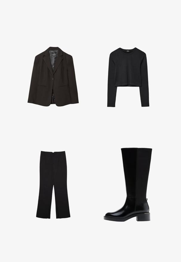 Blazer noir avec une fermeture à un seul bouton, revers crantés, deux poches avant et une doublure intérieure lisse. Le tissu semble structuré et professionnel.; Haut court à manches longues noir avec encolure ronde, design uni et ourlet légèrement arrondi.; Pantalon noir avec une coupe droite, doté de poches avant et d'éclairs sur l'ourlet. Fabriqué en tissu doux et lisse. Convient à diverses occasions.; Botte noire montant jusqu'au genou avec une finition en cuir lisse, des coutures prononcées, un talon épais et un panneau arrière texturé pour un intérêt visuel accru.