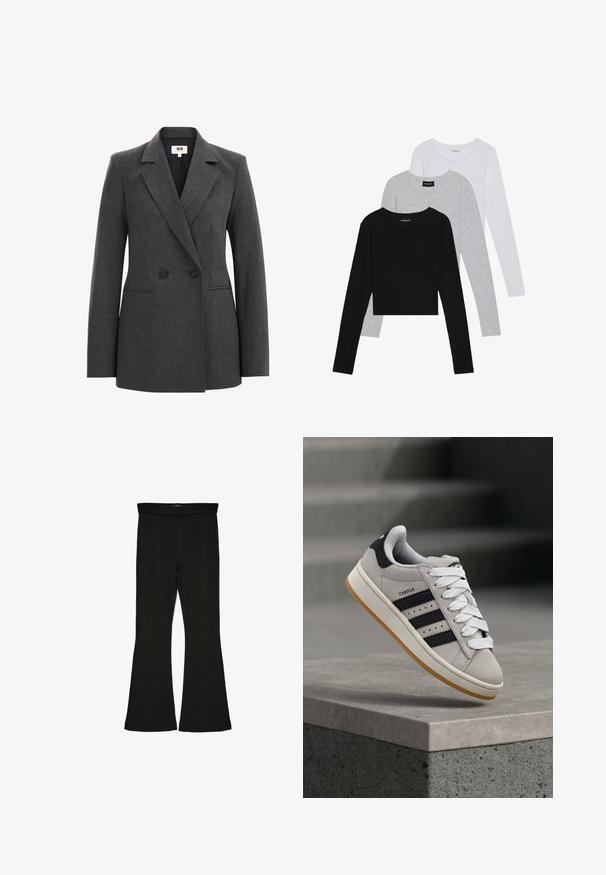 Szürke, kétsoros blézer, texturált anyagból, kifordított hajtókákkal, két fekete gombbal és oldalsó zsebekkel. Testre szabott fazon.; Három hosszú ujjú póló egymásra rakva: fekete, szürke és fehér. Mindegyiknek kerek nyaka van, és rövidített fazonnal rendelkezik, sima, könnyű anyagból készült.; Fekete trapéz leggings rugalmas anyagból készült. Széles derékpánttal és sima textúrával rendelkezik, illeszkedő sziluettje van, amely a szegélyen kigyullad.; Szürke Adidas Campus sneaker fekete csíkokkal és fehér fűzőkkel, amely egy beton korlát felett lebeg, háttérben lépcsőkkel.