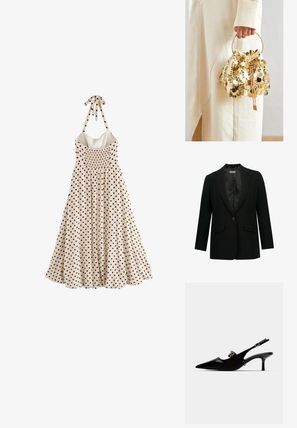 Svart kavaj med slag, enkel knappstängning och två framfickor. Insidan är fodrad med ett mjukt tyg, skräddarsydd passform.; En ärmlös krämfärgad klänning med svarta prickar, en samlad midja och en knytning vid halsen, som faller till en utsvängd nederkant.; Svarta lackskinn slingbackklackar med spetsig tå, som har dubbla guldfärgerade spännen och en smal stilettklack.; Gul paljettdragväska med ett cirkulärt handtag, featuring glänsande runda paljetter och en texturerad tyg. Måtten är inte angivna.