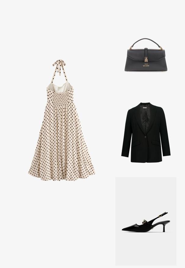 Blazer noir avec un revers cranté, fermeture à un bouton, et deux poches avant. Doublure intérieure en tissu lisse, coupe ajustée.; Une robe sans manches, de couleur crème, est ornée de pois noirs, avec un buste froncé et un nœud au cou, tombant jusqu'à un ourlet évasé.; Talons aiguilles en cuir verni noir avec un bout pointu, présentant des accents de double boucle dorée et un talon stiletto mince.; Sac à main noir en similicuir avec une forme structurée, accessoires en or, une poignée supérieure et un fermoir avant avec le logo "GUESS".