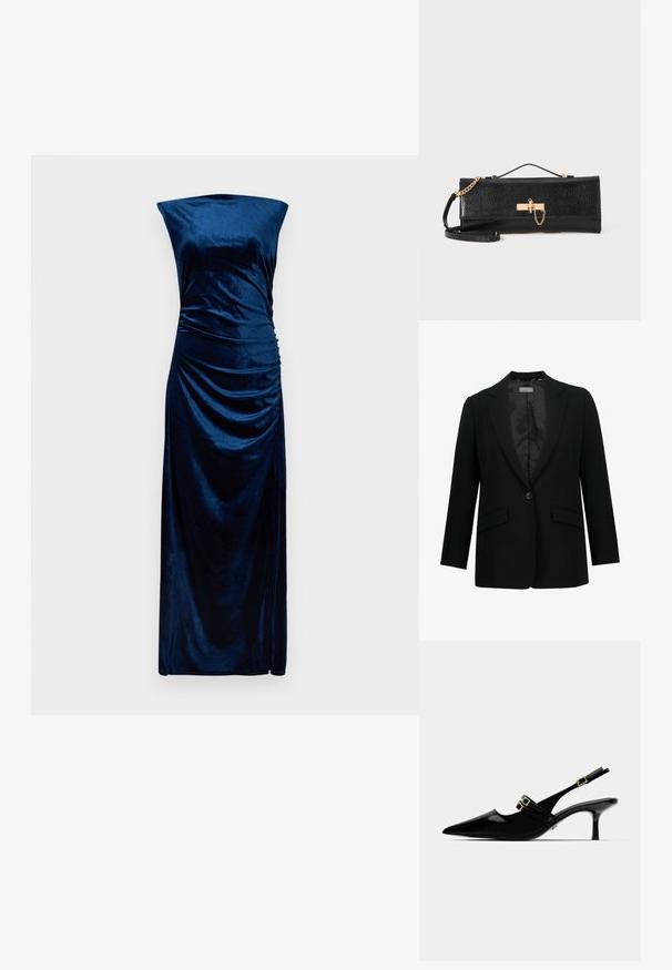 Schwarzer Blazer mit Reverskragen, einreihiger Knopfverschluss und zwei vorderen Taschen. Innenfutter aus glattem Stoff, taillierte Passform.; Ärmelloses, bodenlanges, marineblaues Samtkleid mit geradem Ausschnitt und gerafftem Detail auf der rechten Seite.; Schwarze Lackleder Slingback-Absätze mit spitzem Zehenbereich, ausgestattet mit doppelten goldenen Schnallenakzenten und einem schlanken Stiletto-Absatz.; Schwarze Clutch mit strukturiertem Finish, goldener Kettenriemen und einem Verschluss. Rechteckige Form mit einem eleganten, minimalistischen Design.