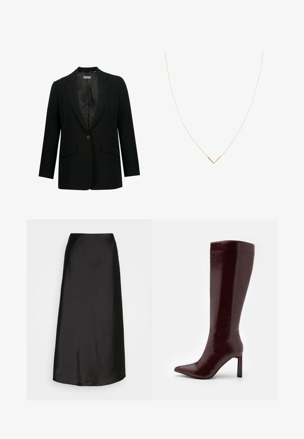 Musta blazer, jossa on uurrettu kaulus, yksi nappisuljenta ja kaksi etutaskua. Sisäpuoli on vuorattu sileällä kankaalla, räätälöity istuvuus.; Musta olkaimia vapaana oleva paita, jossa on pitkät hihat, ja jonka kaula-aukkoa korostaa mustasta sametista valmistettu teksturoitu kukkareunus.; Mustat satiini-midi-hameet, joissa on sileä pinta, A-linjainen malli ja hienovarainen kiilto. Ominaisuudet sisältävät tyylikkään, yksinkertaisen muotoilun ilman koristeluja.; Even&Odd Saappaat - dark red; Kultaketju, jossa on ohut ketju ja V-muotoinen riipus. Tyylikäs muotoilu, jossa on sileä, kiillotettu pinta ja vähäistä yksityiskohtaisuutta.