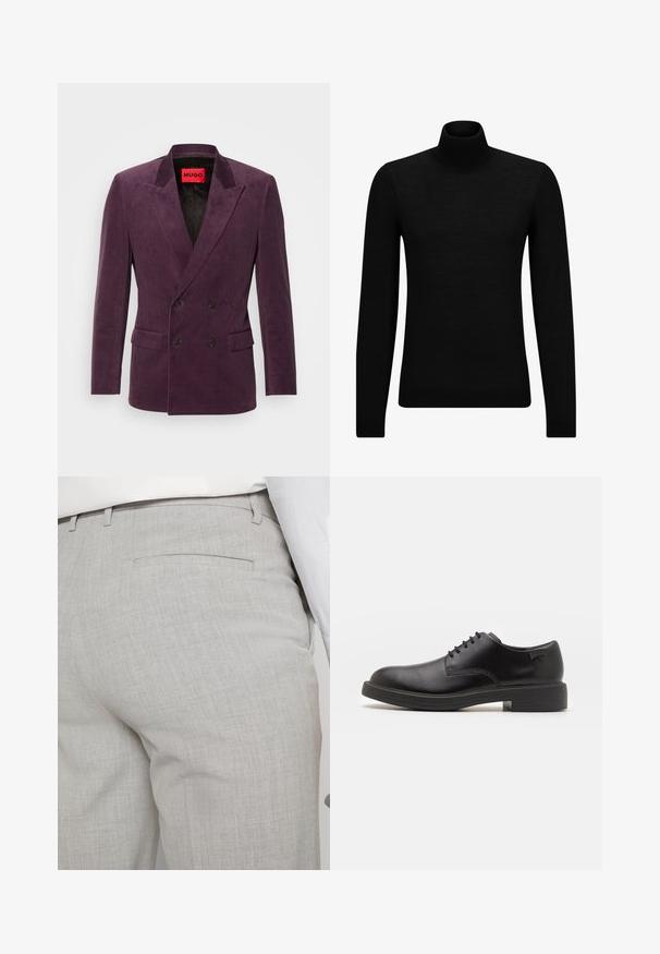 HUGO HENRY - Sako - open purple; Crni dukserica s visokim ovratnikom, napravljena od mekanog materijala, s dugim rukavima i priljubljenim krojem. Rebrasti detalji na donjem rubu i rukavima. Jednostavan dizajn.; Svijetlosive krojene hlače od teksturiranog materijala, s jednim stražnjim džepom i čistim šavovima.; Crne kožne cipele s vezanjem i zaobljenim vrhom, glatke teksture, minimalnim šavovima i niskim gumiranim potplatom. Logo se nalazi na peti.