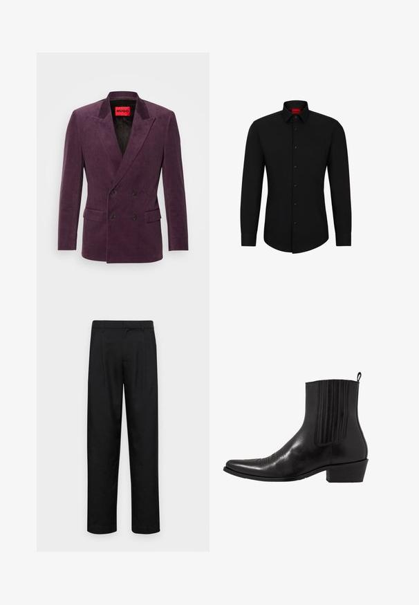 HUGO HENRY - Sakko - open purple; Schwarzes Langarmhemd mit Knopfleiste, klassischem Kragen und abgerundetem Saum; verfügt über schwarze Knöpfe und ein rotes Logo im Kragen.; Schwarze Hose aus glattem Stoff, mit geradem Bein Design, zwei vorderen Falten und einem Standardbund mit Gürtelschlaufen.; Schwarze Leder- ankle boot mit spitzem Zehenbereich, elastischen Seitenpaneelen, vertikalen Steppnähten und einem niedrigen Blockabsatz.