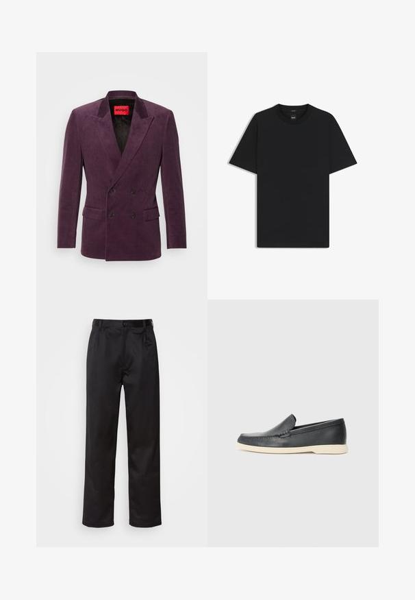 HUGO HENRY - Sakko - open purple; Schwarz T-Shirt mit kurzen Ärmeln aus einem glatten Baumwollmix, mit Rundhalsausschnitt und einem minimalistischen Design ohne Muster oder Akzente.; Schwarze Hosen aus glattem Stoff, mit einem Knopfverschluss vorne, Falten und geraden Beinen. Keine sichtbaren Muster oder Akzente.; Schwarze Leder-Slipper mit strukturiertem Finish und einer kontrastierenden beige Gummisohle. Mit einem dezenten Akzent an der Vorderseite.