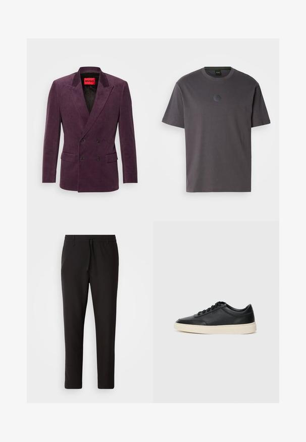 HUGO HENRY - Dressjakke - open purple; Grå bomull t-skjorte med korte ermer og rund hals. Har et teksturert, sekssidet logo på brystet. Enkel, avslappet design.; Svart joggebukser laget av glatt stoff. Har en elastisk linning med snøring, smale ben og ingen synlige lommer. Enkelt design.; Svarte lavtopp lær sneakers med svarte snører og off-white såle vist i sidesyn på hvit bakgrunn.