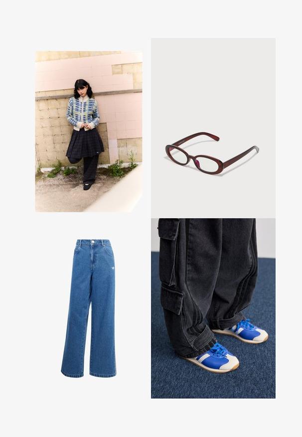Knit cardigan with blue and green geometric patterns, cream collar; black checkered skirt; solid black shoes; minimalistic design.; Blue and black striped oversized shirt with one off-shoulder design, featuring white printed text and three white stripes on the sleeve.; Wide-leg blue denim jeans featuring a high waistband, front pockets, and a small white logo detail at the hip. Slightly faded texture.; Person wearing loose black cargo pants and blue and white sneakers standing on dark blue carpet.; Oval-shaped red sunglasses with clear lenses and sleek brown frames. The design features subtle curves and minimal hardware.