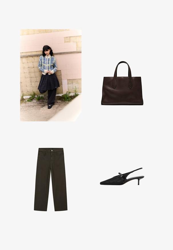 Strickjacke mit blauen und grünen geometrischen Mustern, cremefarbenem Kragen; schwarz karierter Rock; einfarbige schwarze Schuhe; minimalistisches Design.; Braunes Baumwoll-T-Shirt, kurze Ärmel, runder Halsausschnitt, lockere Passform, glatte Textur, minimalistisches Design, keine sichtbaren Muster oder Akzente.; Dunkelgrüne Jeans im weit geschnittenen Style, hergestellt aus einem Baumwollgemisch. Sie verfügen über einen Frontknopfverschluss, fünf Taschen und klassische Denim-Nähte.; Schwarze Slingback-Absätze mit spitzen Zehen, strukturiertem Mesh-Obermaterial, schmalem verstellbarem Riemen mit silberner Schnalle und 5 cm Stiletto-Absätzen.; Braune Ledertasche mit zwei langen Griffen, strukturierte rechteckige Form, glatte Textur und dezente Nähdetails.