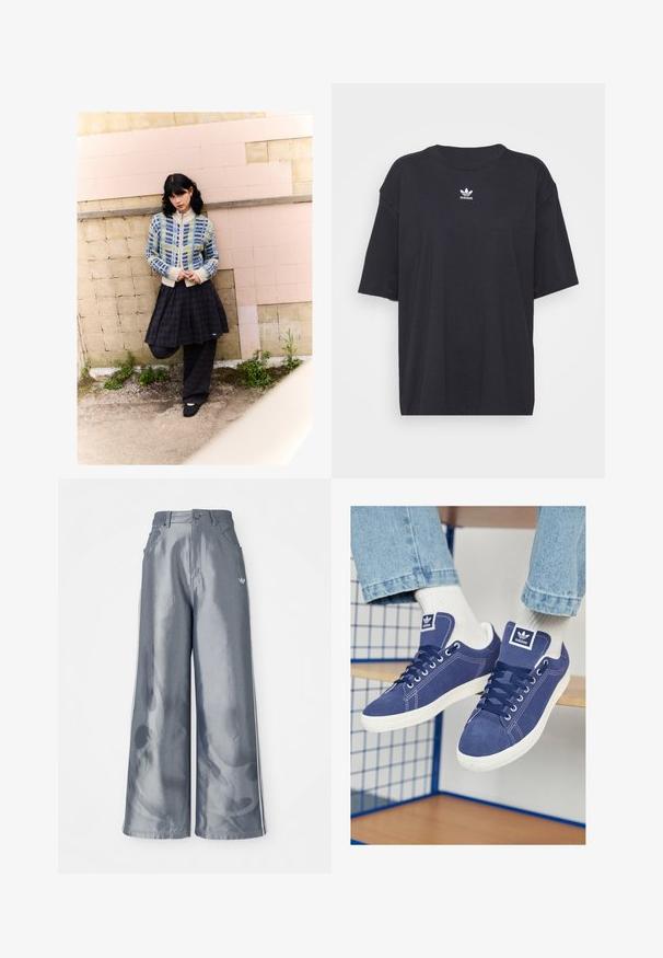 Strickjacke mit blauen und grünen geometrischen Mustern, cremefarbenem Kragen; schwarz karierter Rock; einfarbige schwarze Schuhe; minimalistisches Design.; Schwarzes Baumwoll-T-Shirt mit kurzen Ärmeln, rundem Halsausschnitt, mit einem weißen Adidas-Logo auf der Brust. Einfaches Design, lockere Passform.; Weite Hose aus glänzendem grauem Material, ausgestattet mit weißen seitlichen Streifen und einem Flammenmuster an den Unterschenkeln. Knopf- und Reißverschlussverschluss an der Taille.; Marineblaue Adidas Sneakers aus Wildleder mit weißen Gummisohlen, runden Zehen und einem Logopatch auf der Zunge. Helle weiße Socken sind sichtbar.