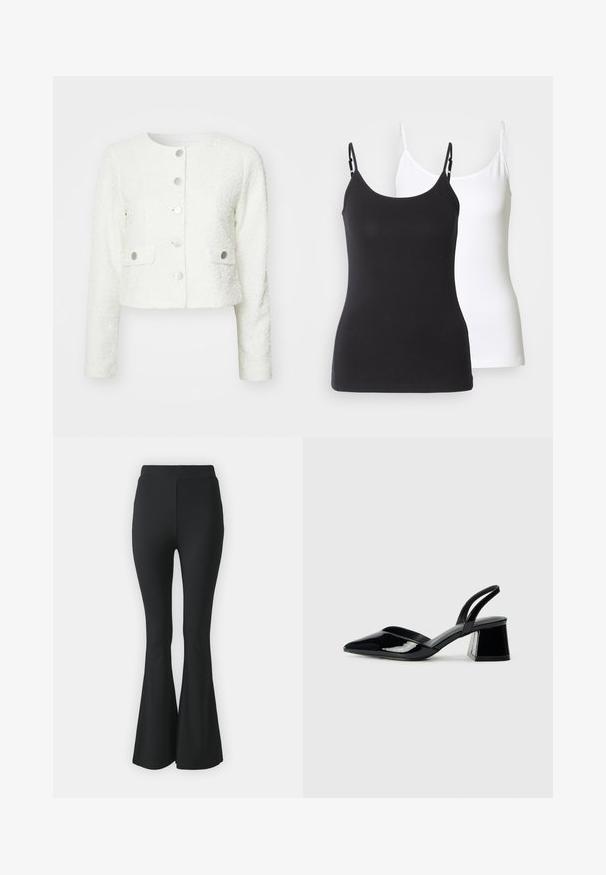 Balts tweed žakets ar apaļu kaklu, garām piedurknēm, priekšējiem pogām un divām sānu kabatām ar sudraba toni. Strukturēts apdare.; Melnbaltas kokvilnas topi ar regulējamiem plāniem siksnām, piedāvā tiešu piegriezumu un gludu tekstūru.; Melni platas bikses, kas izgatavotas no elastīga auduma. Tām ir augsts viduklis un gluda, pieguloša forma, kas paplašinās no ceļa uz leju.; Melna lakota āda ar atvērto papēdi, ar smailu purngalu un ģeometrisku blokpapēdi. Iezīmējas elegants, minimāls dizains un gluda tekstūra.