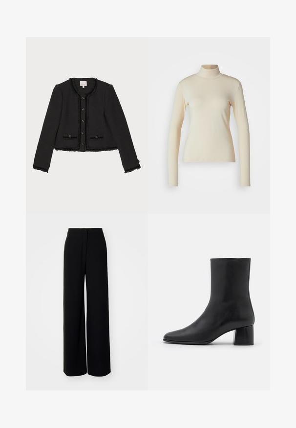 Melnā īsā jaka no teksturēta auduma ar apaļu apkakli, kurai ir seši pogas, rotātas ar ziedu akcentiem, un divas priekšējās kabatas.; Krems krāsas garām piedurknēm turtleneck tops, izgatavots no gludas, elastīgas auduma; pieguļošs dizains ar augstu apkakli un bez redzamām rakstu vai akcenta detaļām.; Melnas platās bikses ar augstu jostasvietu, gludu audumu, priekšējo pogu aizdari un bez redzamām kabatām, ar pieguļošu piegriezumu.; Melnas ādas potīšu zābaki ar norādītu pirkstu un masīvu kvadrātveida papēdi. Gluda tekstūra ar bezšuvju dizainu un minimālistisku šuvēm.