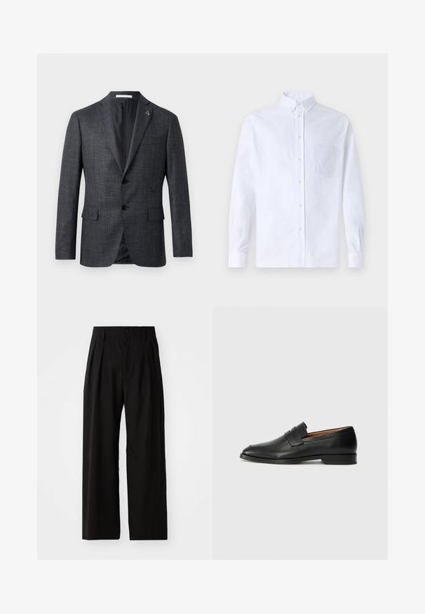 Dark gray, textured blazer with notch lapels, two front pockets, button closure, and small pin detail on the lapel. Smooth interior lining.; White long-sleeve button-up shirt made of cotton, featuring a chest pocket with tonal embroidery, a collar, and button cuffs.; Black wide-leg trousers with a smooth texture, featuring two front pleats, a button closure, and side pockets. Durable fabric.; Black leather loafer with a rounded toe, subtle stitched detailing, and a low heel, featuring a smooth texture and minimalist design.