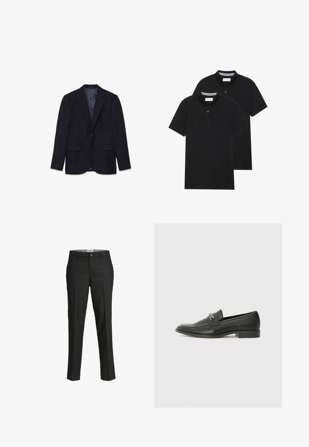 Jūras flotes žakete no strukturēta auduma ar izgrieztu atloku, divām priekšējām kabatām, vienu pogu aizdari un gludu oderi.; Divas melnas polo krekli, īsām piedurknēm, no kokvilnas materiāla, ar klasisku apkakli, divu pogu aizdari un balti svītroti akcenti apkakles iekšpusē.; Melni bikses, pielāgota piegriezuma, gluda auduma, vidēji augsta josta, priekšējā pogu aizdare, diagonalās kabatas un gurnu daļā ir krokas.; Melna ādas loafer izmēra apavi ar gludu virsmu, piedāvā ar šūtu dizainu un dekoratīvu metāla ķēdes akcentu pār vampu. Plakana papēža daļa.