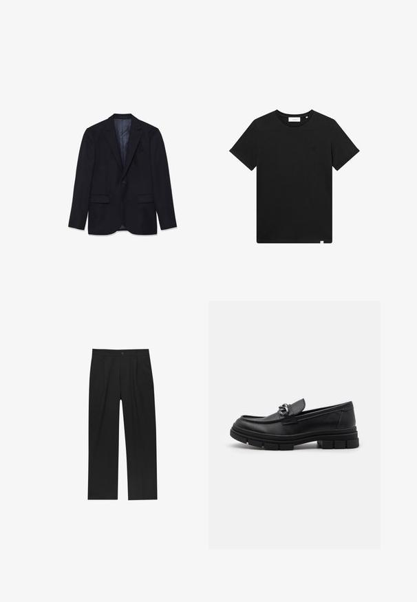 Mornarsko modro blejzer iz teksturiranega blaga z izrezanim ovratnikom, dvema sprednjima žepoma, zapiranjem na en gumb in gladkim podlogom.; Črn kratkolasasti T-majica iz bombaža z okroglim izrezom in majhnim logotipom vezenim na prsih. Gladka tekstura, standardna prileganja.; Črne hlače z ravnim krojem, narejene iz gladkega materiala. Imajo sprednje gube in enojno zaponko na pasu.; Črni usnjeni loaferji z zaobljenim nosom, dekorativnim trakom in dodatki ter debelim teksturiranim podplatom. Gladek zaključek s subtilnimi detajli.