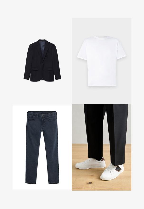 Jūrinis švarkas iš tekstūruoto audinio su iškirptu atlapu, dviem priekinių kišenėmis, vieno mygtuko užsegimu ir lygiu pamušalu.; Balta medvilninė marškinė su apvaliu kaklu ir trumpomis rankovėmis. Lygi tekstūra, tiesus kirpimas, be raštų ar akcentų. Tik užpakalinė pusė.; Tamsiai mėlyni džinsai iš džinso audinio, siauro silueto, su penkių kišenių dizainu, sagų užsegimu ir subtiliu audinio dėvėjimosi efektu visame audinyje.; Balti sportbačiai su glotnia danga, puošti rudais odiniais akcentais ir juodais detalėmis, derinami su juodais pritaikytais kelnėmis. Medinių grindų fonas.