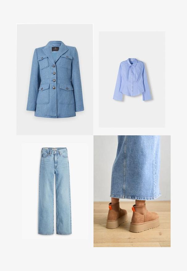 Giacca di tweed blu con finitura testurizzata, chiusura a doppio petto con bottoni, due tasche sul petto e collo a punte.; Camicia a maniche lunghe con bottoni a righe blu e bianche, colletto all'inglese, vestibilità aderente e orlo curvato. Materiale in cotone strutturato.; Jeans a vita alta, blu chiaro, con gamba larga, chiusura anteriore con bottone e zip, passanti per cintura e stile a cinque tasche.; Stivali platform in suede marrone con pannelli laterali elastici e linguette arancioni, abbinati a una gonna di jeans chiara, lunga fino al ginocchio, su un pavimento di legno.