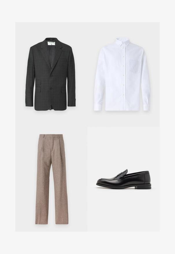 Blazer grigio a quadri realizzato in tessuto strutturato, con collo a revers, due bottoni e tasche con patta sul davanti.; Camicia bianca a maniche lunghe con bottoni, realizzata in cotone, caratterizzata da una tasca sul petto con ricamo tonale, colletto e polsini con bottoni.; Pantaloni marroni a vita alta realizzati in tessuto testurizzato. Presentano gambe ampie e due pieghe frontali per struttura. Rifinitura curata senza hardware visibile.; Mocassini neri in pelle con una texture liscia, punta arrotondata e una striscia decorativa sulla tomaia. Tacco basso impilato, design minimalista.