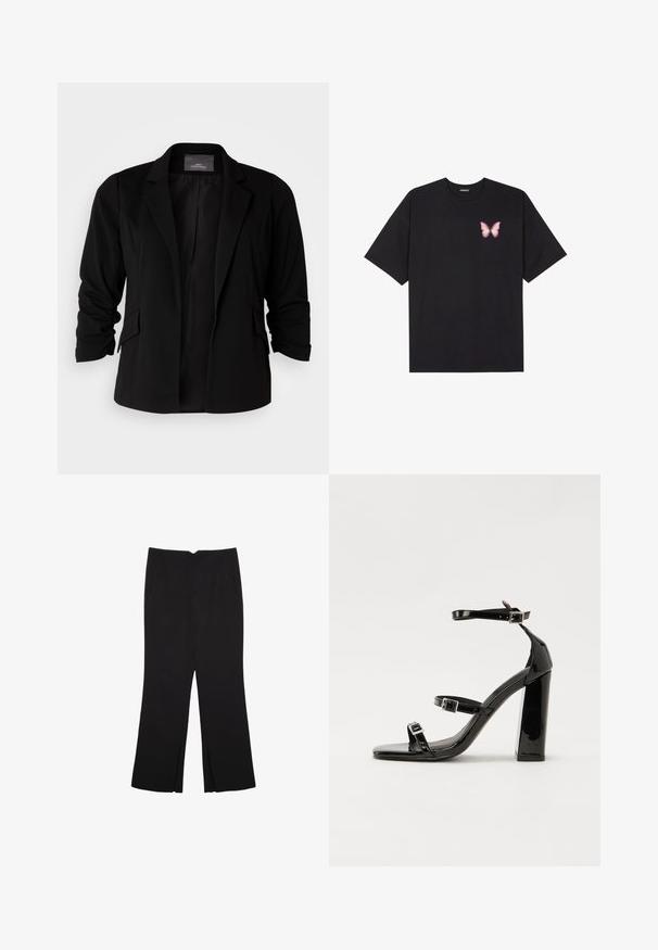 Crni sako s krojenim dizajnom, odrezanim reverima i podignutim rukavima. Izrađen od glatke tkanine s bočnim džepovima.; Crna pamučna majica s kratkim rukavima, s malim grafičkim prikazom ružičaste vjetricaste s desne strane na prsima. Dizajn s okruglim izrezom i opuštenim krojem.; Crne hlače ravnog kroja, s prednjim džepovima i bočnim prorezima na rubu. Izrađene od mekog i glatkog materijala. Pogodne za razne prigode.; Crne lakirane sandale na visoku petu s dva remena s kopčama, kvadratnim vrhom i masivnom blok petom, s glatkom, sjajnom teksturom.