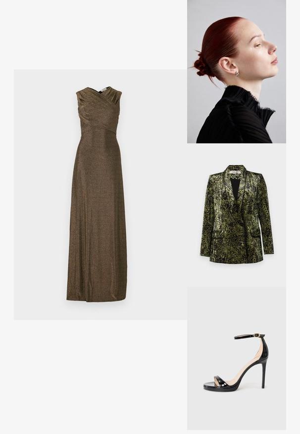 Diane von Furstenberg CHIANA JACKET - Bleiser - green; Pikk, varrukateta õhtukleit metallik pronksist kangast. Rippuv korpus V-dekoltee ja voolava seelikuosas. Sujuv tekstuur ja elegantne disain.; Mustmust mustkatega mustkets sõrmustega mustast lakitööst sukad, avatud varvastega ja peene stiletto kontsaga, lihtsal taustal.; Hõbedased kõrvarõngad, tekstureeritud must plisseeritud topp kõrge kraega ja sile, kinni pandud punane juuksepea. Profiilipilt heleda tausta vastu.