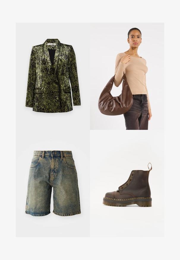 Diane von Furstenberg CHIANA JACKET - Bleizeris - green; Baltas raundo iškirpimo tank topas su prasiskyrusiomis rankovėmis, priekyje su juodomis raidėmis užrašyta "Dickies".; Džinsiniai šortai išblukusios mėlynos spalvos, turintys penkis kišenes, sagčių užsegimą ir suplyšusius kraštus, su šiek tiek nusidėvėjusia tekstūra.; Rudos odinės kulkšninių batus su apvalia nosimi, kontrastinga geltona siūle, dekoratyviniais metaliniais akių skyreliais ir grioveliuota guma pagrindu.; Ruda odinė hobo rankinė su laisvalaikio dizainu ir lygiu paviršiumi. Modelio dėvima atsitiktinai, su didele angos ir apvalia forma.