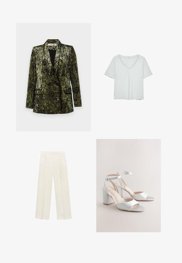 Diane von Furstenberg CHIANA JACKET - Blejzer - green; Svetlošedé tričko s krátkymi rukávmi a výstrihom do V, vyrobené z mäkkého materiálu; má uvoľnený strih a čisté stehy bez vzorov.; Široké nohavice vo svetlej krémovej farbe. Vyrobené z hladkej látky s skladmi vpredu a bočnými vreckami.; Biele sandály na hrubom podpätku s otvorenými prstami, s remienkami okolo členku a striebornými prackami na neutrálnom béžovom pozadí.